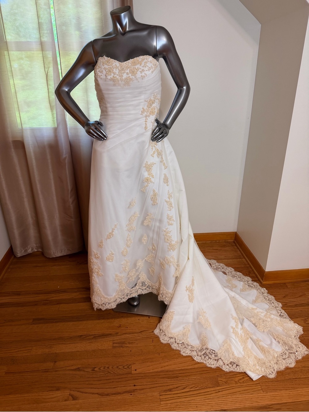 David's Bridal Ivory and Gold strapless Bridal Gown style T8818.